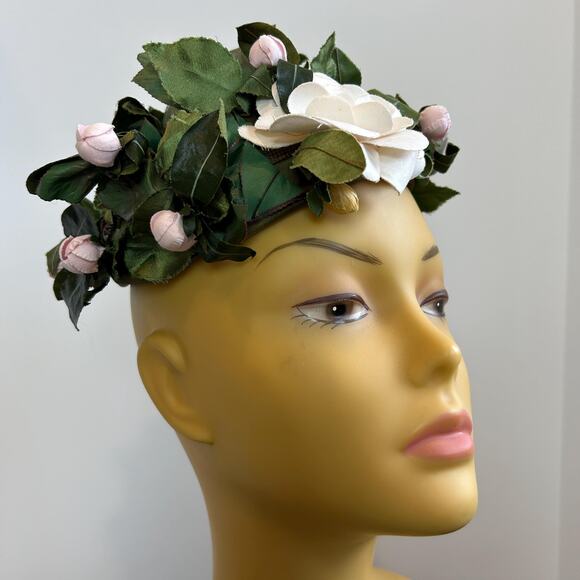 Vintage 60s Joseph Magnin Leafy Floral Fascinator Hat - Picture 4 of 7